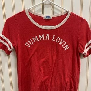 Red and white shirt. Says “Summa Lovin”